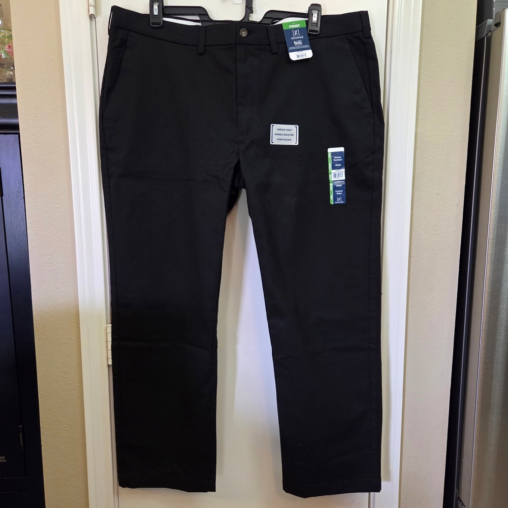 George Mens Premium Khaki Pants 42X30 Black Soot Straight Fit Wrinkle Resistant